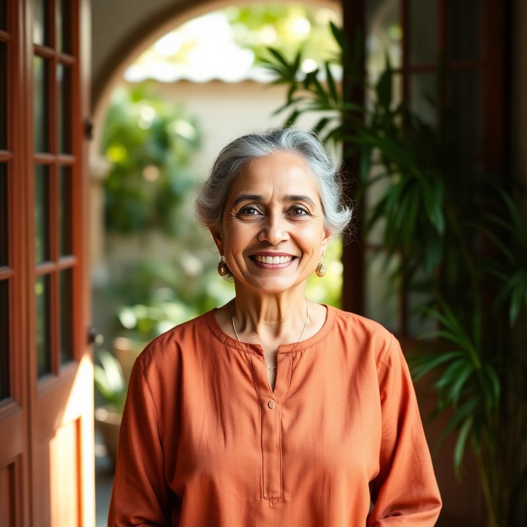 Anjali smiling in her garden doorway