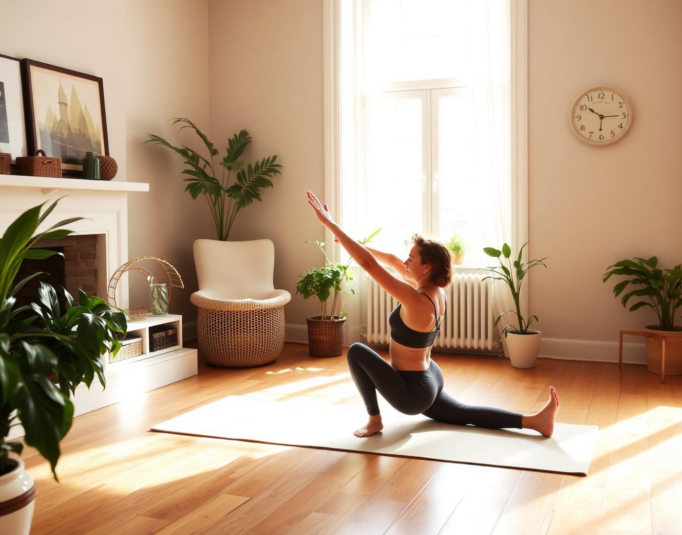 Home workout in a sunlit living room